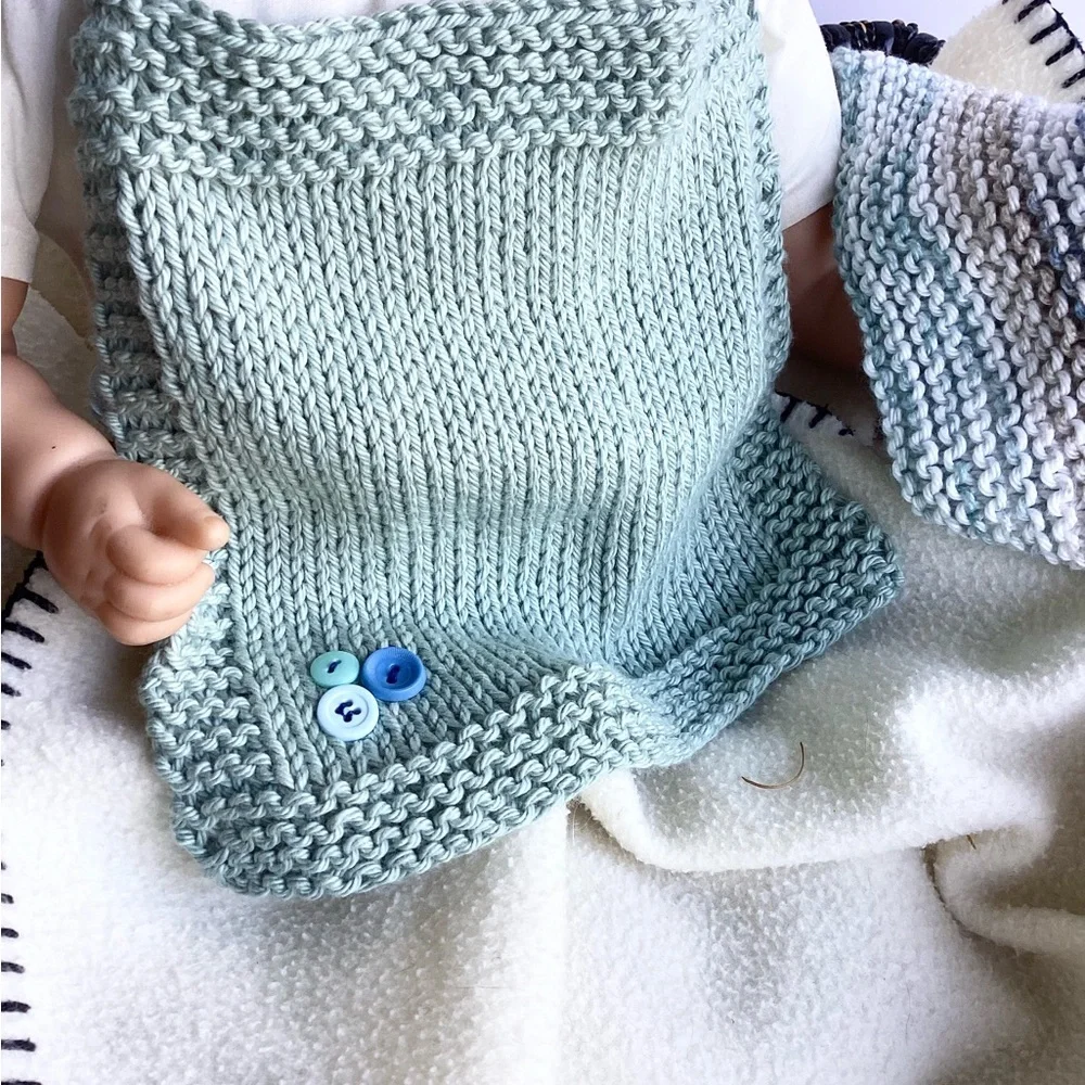 Baby Bib Set Washcloth Hand Crafted Green Cotton Knit Floral